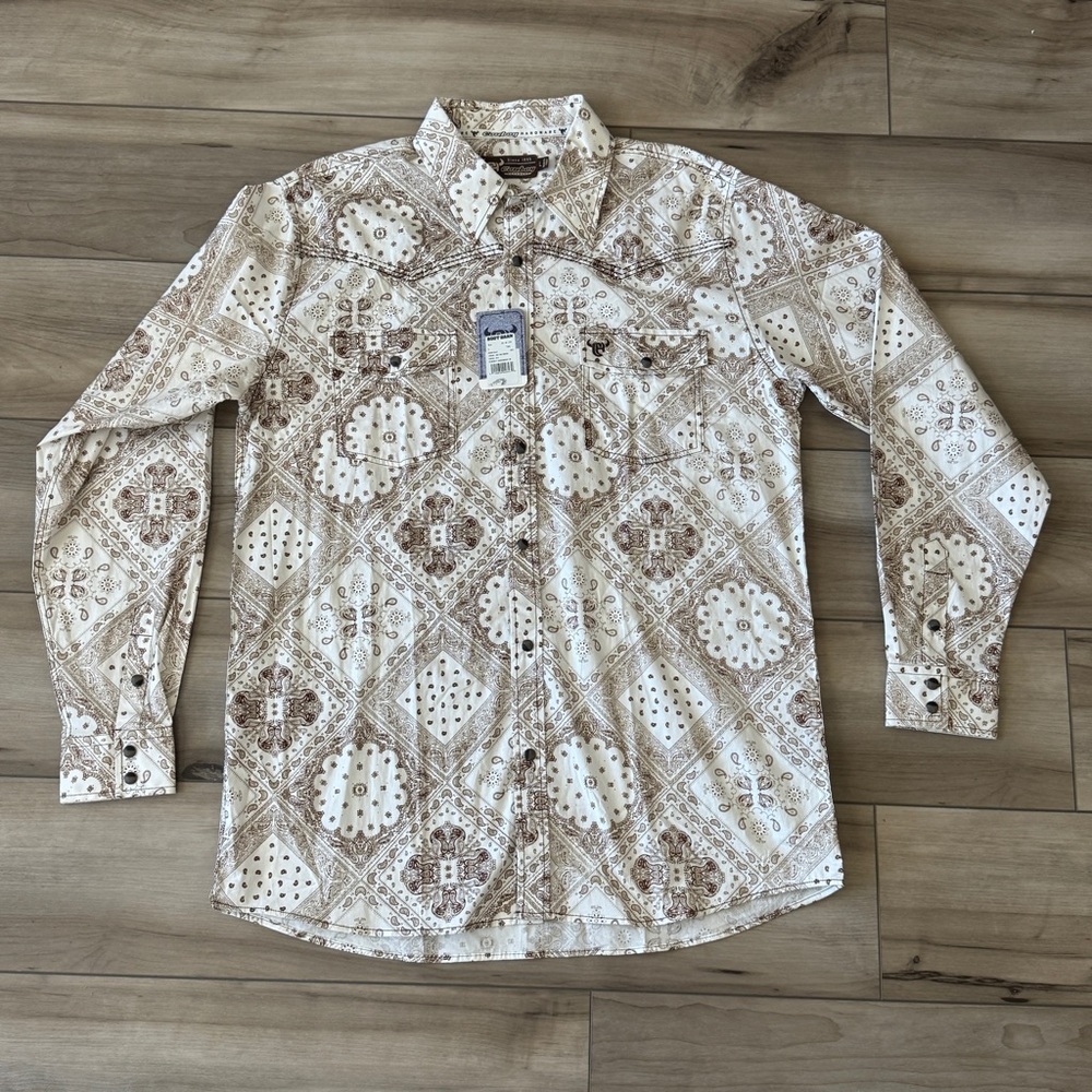 Cowboy Hardware Men's Western White w/ Brown Paisleys Button Down Shirt NEW
